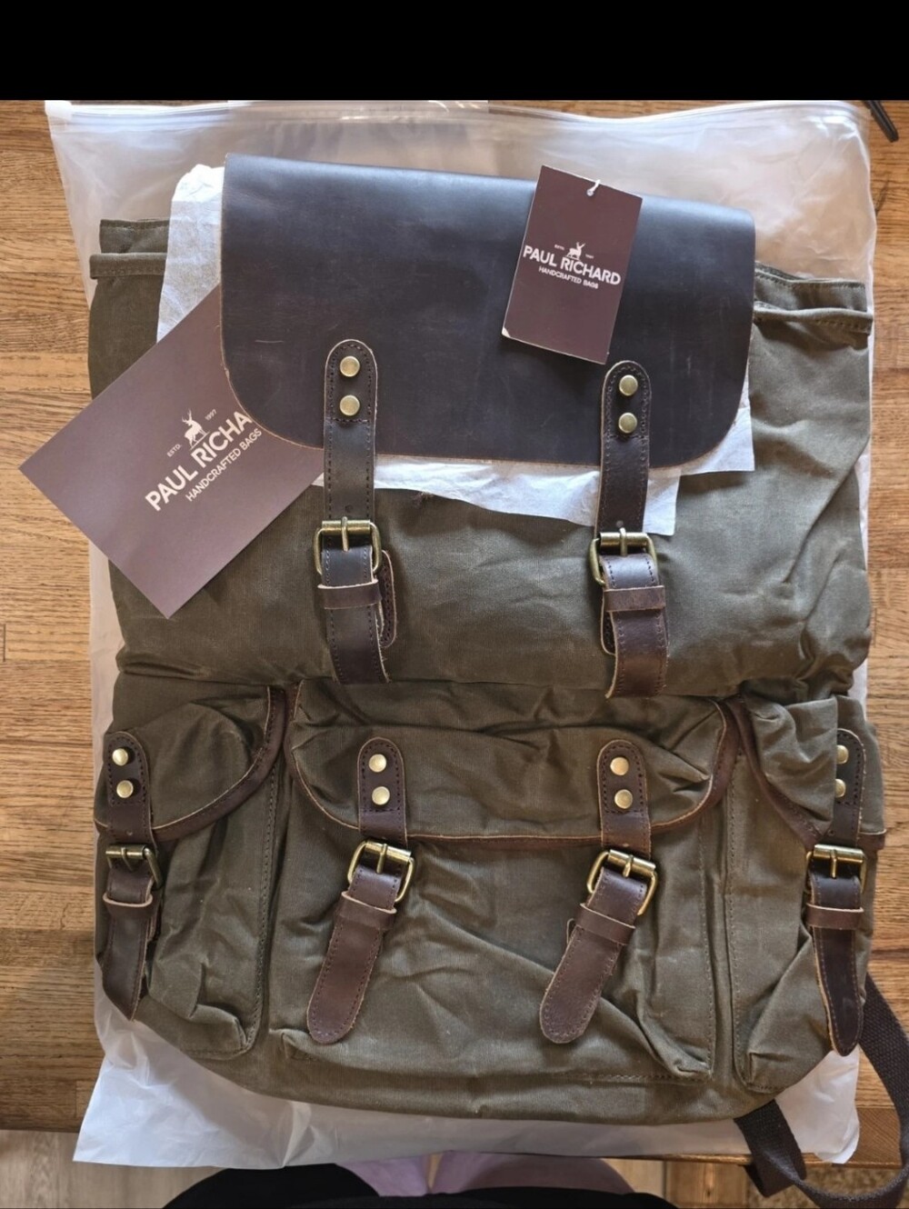 Paul richard handcrafted backpack, waxed canvas and leather